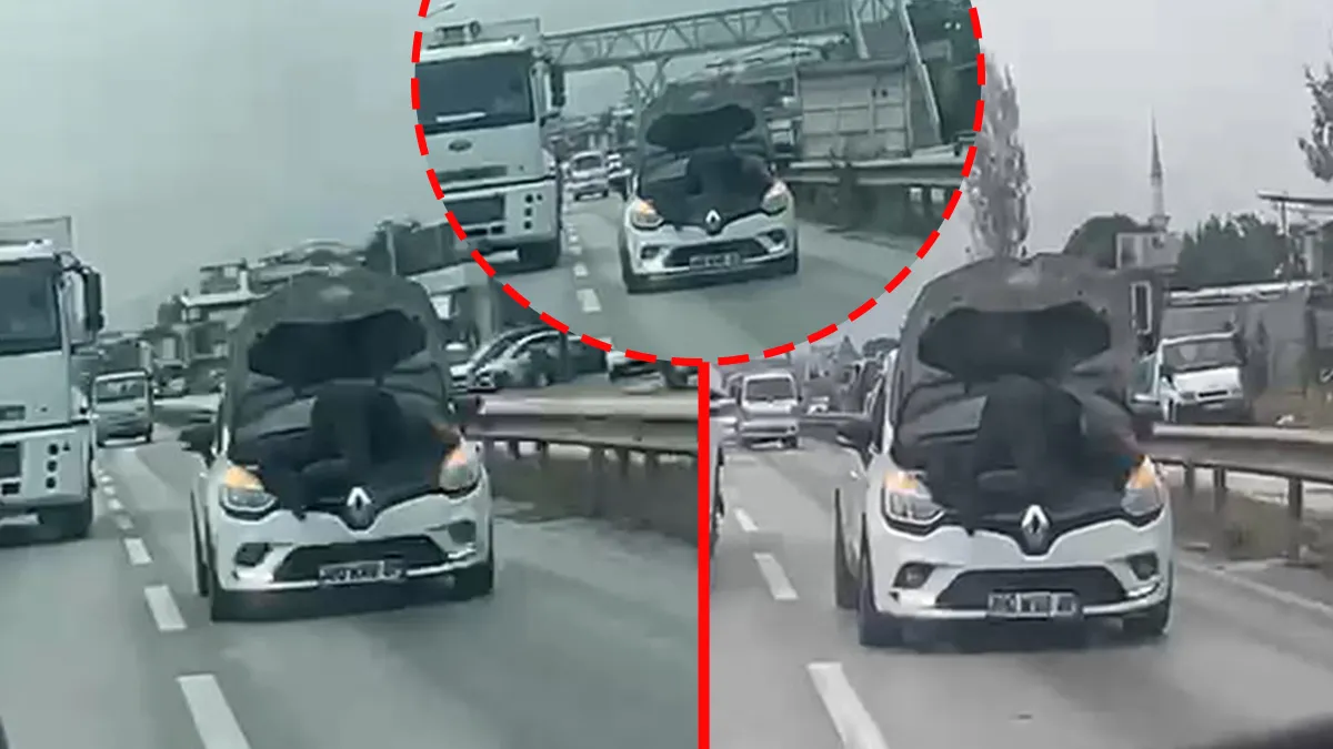 Bursa'da Açık Kaputun İçinde Motorun Üstünde Yolculuk Eden Kişi Kameralara Yansıdı